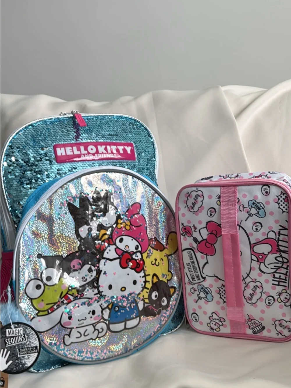 Hello Kitty Sequin Backpack and Pink Character Lunch Bag Set